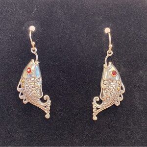 Sterling Silver and 18k Gold Koi Fish Earrings with Red Stone Eye | Unique Gift